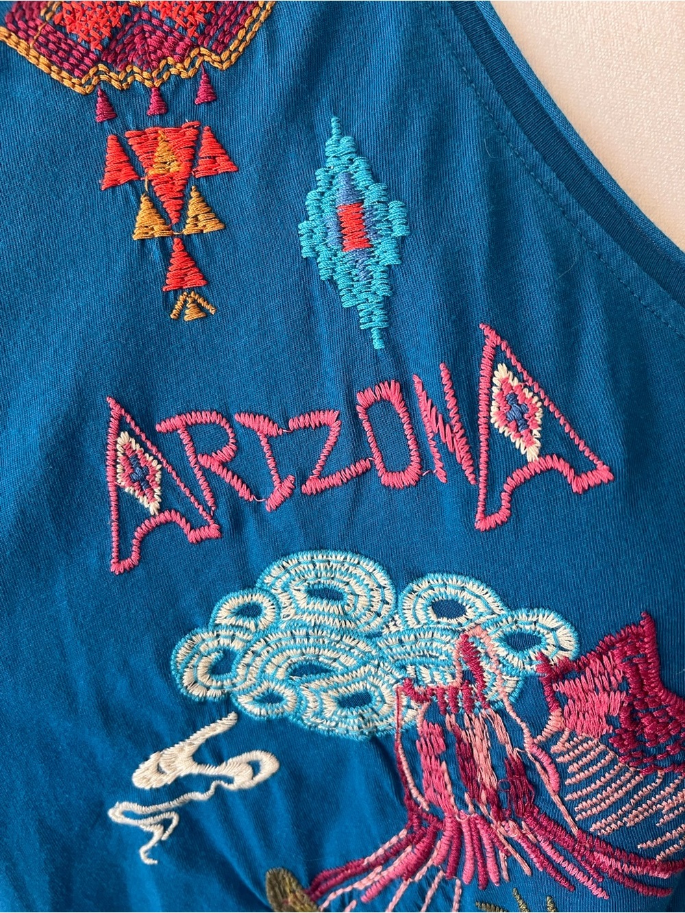 Johnny Was Arizona Embroidered Top - Teal with Pink & Turquoise Details